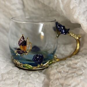 Elegant Glass Mug Set with Butterfly and Rose Design